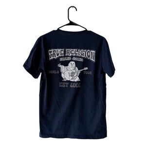 True Religion Mens Small Navy Blue Graphic T Shirt World Tour 2002 Vintage Y2K
